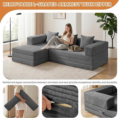 79" Modular Sectional Sofa, Boneless Convertible Sleeper Sofa Bed, Modern Tri-Folding Cloud Couch with L-Shape Chaise, Corduroy Futon for Living Room Small Spaces Apartment, No Assembly,Grey
