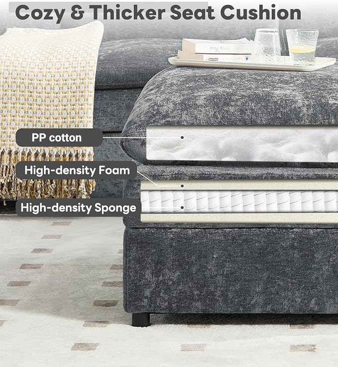 Iroomy 25" Chenille Ottoman, 9.5" Thick Cushion, Upholstered Footrest Modern Footstool & Bench for Living Room, Bedroom, Gray