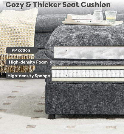 Iroomy 25" Chenille Ottoman, 9.5" Thick Cushion, Upholstered Footrest Modern Footstool & Bench for Living Room, Bedroom, Gray