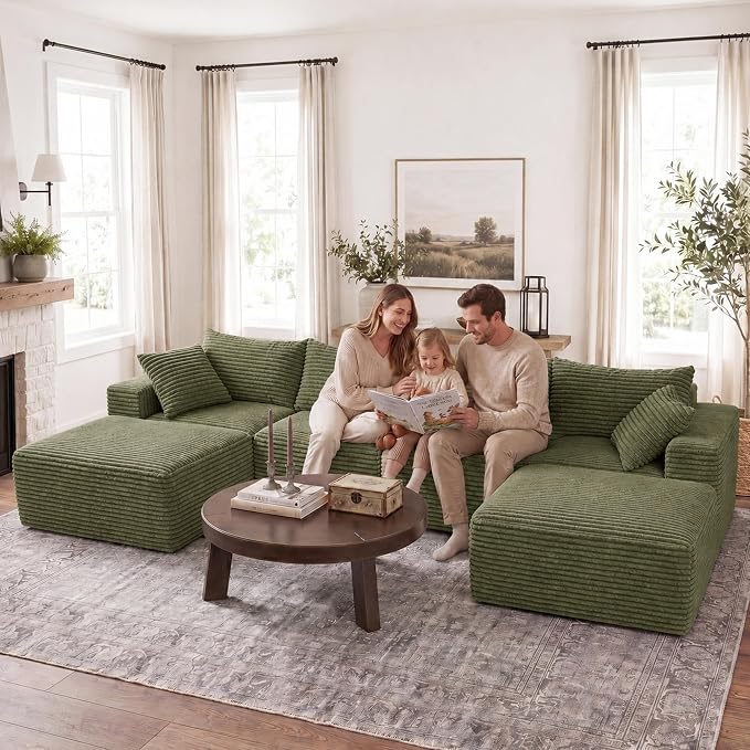 Claiks 132" Boneless Couch, Cloud Couch Sectional, U-Shape Corduroy Modular Sectional Sofa Deep Seat, Upholstered Couches for Living Room, No Assembly Required, Green
