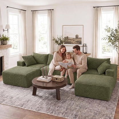Claiks 132" Boneless Couch, Cloud Couch Sectional, U-Shape Corduroy Modular Sectional Sofa Deep Seat, Upholstered Couches for Living Room, No Assembly Required, Green