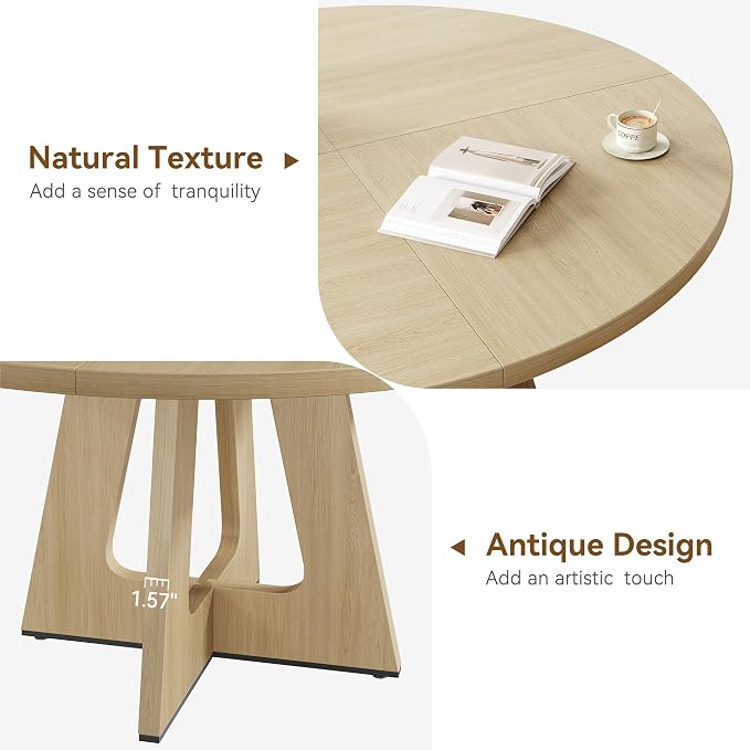GAOMON 47 Inch Round Dining Table for 4-6 People, Circle Dinner Table with Wooden Cross Pedestal Base, Farmhouse Kitchen Furniture for Dining Room, Living Room, Kitchen (Table Only) -Burlywood