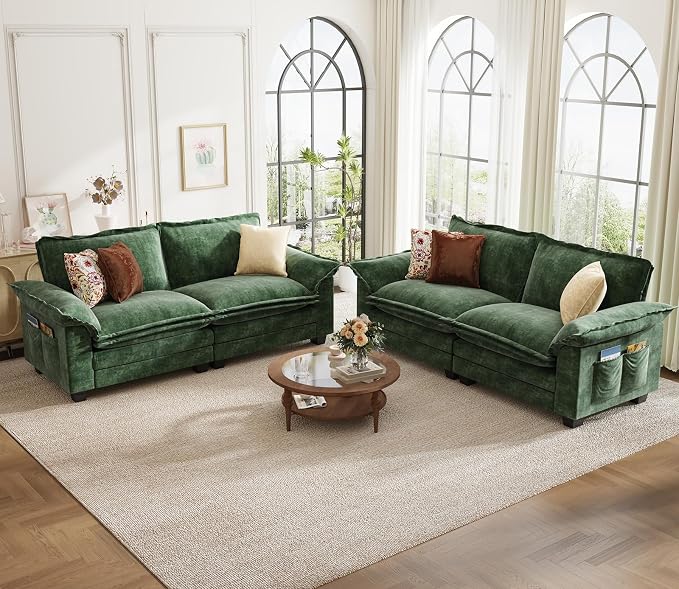 KKL 89 Inch Modular Sectional Sofa, 2 Sets of Loveseat Cloud Couches with Deep Seat, Chenille Sectional Couches for Living Room, Apartment, Green