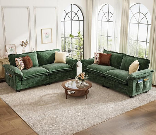 KKL 89 Inch Modular Sectional Sofa, 2 Sets of Loveseat Cloud Couches with Deep Seat, Chenille Sectional Couches for Living Room, Apartment, Green