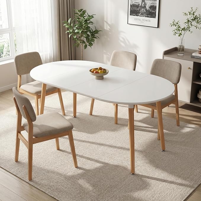 Extendable Round Dining Table for 4 6 Wooden Dining Room Table 39" to 70" Modern Kitchen Table for Dining Room Office Expandable Oval Dinner Table with MDF Top and Wood Legs White