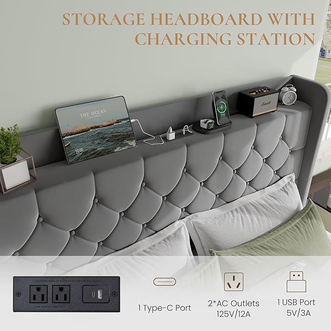 SHA CERLIN Full Size Platform Bed Frame with Charging Station, Velvet Wingback Headboard with Storage Shelf, Wooden Slats Support, Ample Under-Bed Space, No Box Spring Needed, Easy Assembly, Grey