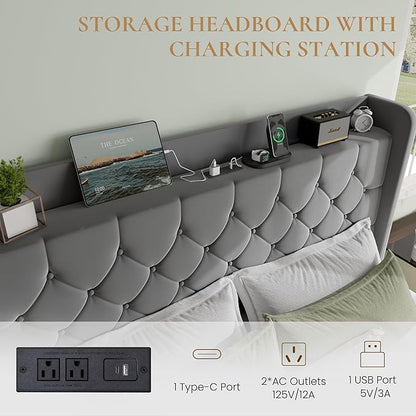 SHA CERLIN King Size Platform Bed Frame with Charging Station, Velvet Wingback Headboard with Storage Shelf, Wooden Slats Support, Ample Under-Bed Space, No Box Spring Needed, Easy Assembly, Grey