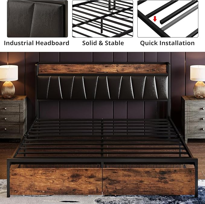 LIKIMIO California King Size Bed Frame with 2 Drawers and Charging Station | Platform Bed with Upholstered Storage Headboard, No Box Spring Needed, Easy Assembly, Sturdy, Vintage Brown and Black