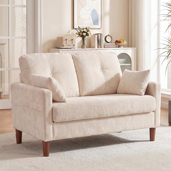 Vipbear 48" Loveseat Sofa,Modern Small Couches for Small Spaces,Beige Chenille Love Seat Couch for Living Room,Bedroom,Apartment,Office,Deep Seat,Throw Pillow,Side Pockets,Square Armrest