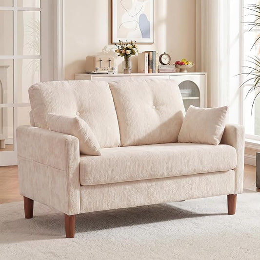 Vipbear 48" Loveseat Sofa,Modern Small Couches for Small Spaces,Beige Chenille Love Seat Couch for Living Room,Bedroom,Apartment,Office,Deep Seat,Throw Pillow,Side Pockets,Square Armrest
