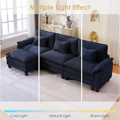 122" Corduroy Modular Sectional Sofa, Convertible L Shaped Modular Sofa Comfy Cloud Couch with Ottoman, Side Pockets and 3 Throw Pillows for Living Room, Blue, 4 Seats