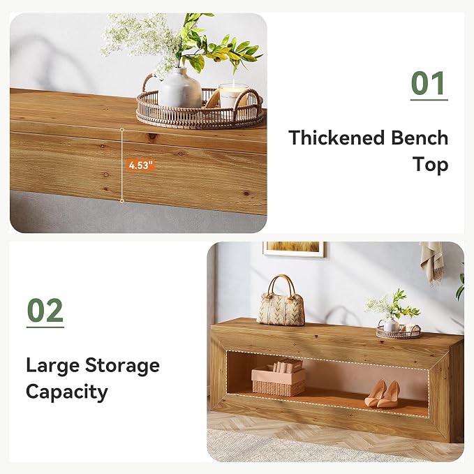 Solid Wood Entryway Bench, 47" Rustic Farmhouse Indoor Bench Seat with Storage Shelf for Entrance, Hallway, End of Bed (Light Brown)