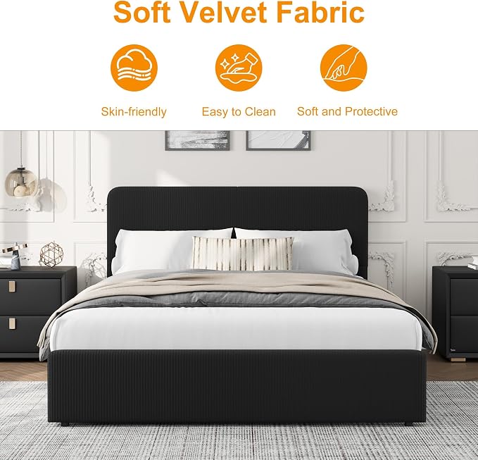 GarveeHome Modern Upholstered Platform Bed Frame with Headboard and Storage Drawers – Strong Wood Slat Support, No Box Spring Needed, Low Profile, Easy Assembly – Corduroy Black