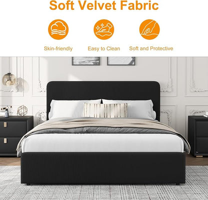 GarveeHome Modern Upholstered Platform Bed Frame with Headboard and Storage Drawers – Strong Wood Slat Support, No Box Spring Needed, Low Profile, Easy Assembly – Corduroy Black
