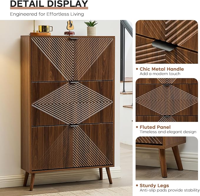 oakvivo Shoe Cabinet with 3 Flip Drawers, Freestanding Narrow Shoe Storage Cabinet for Entryway, Modern Shoe Organizer with 4 Wooden feet, Hidden Shoe Rack for Hallway Mudroom, Walnut