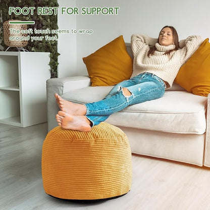 HIGOGOGO Round Stuffed Pouf Ottoman, Corduroy Poufs with Foam Chunk Filling, Furry and Fluffy Pouf Foot Stool Storage Ottoman, 26 X 18 Floor Poufs Foot Rest for Living Room, Orange