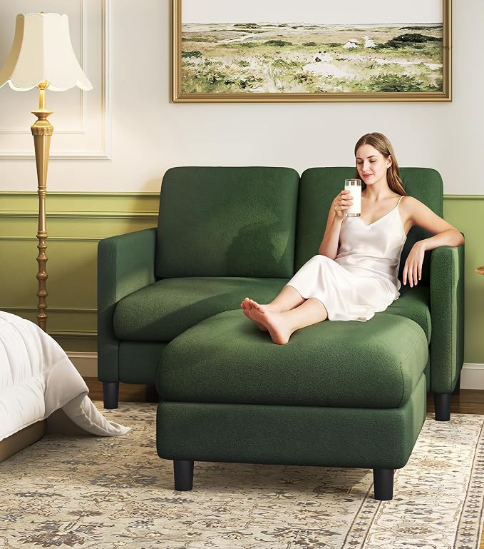 Welzona Loveseat, 51" Small L Shaped Couch, Comfy Teddy Love Seat with Ottoman Set, Tool-Free Setup Loveseat Sofa with Ottoman, All-Wood Small Sofa Couch for Bedroom, Couch for Living Room, Green