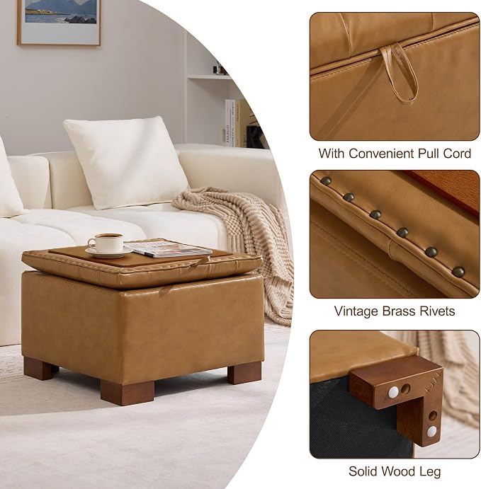 WUTUTUEE 24" Faux Leather Square Storage Ottoman with Wooden Tray, Modern Tufted Button Footstool Coffee Table, Upholstered Small Ottoman for Living Room, Bedroom, Brown