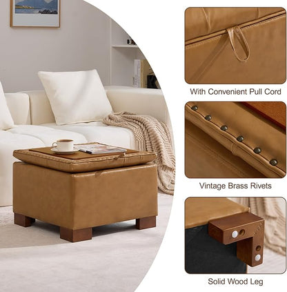 WUTUTUEE 24" Faux Leather Square Storage Ottoman with Wooden Tray, Modern Tufted Button Footstool Coffee Table, Upholstered Small Ottoman for Living Room, Bedroom, Brown