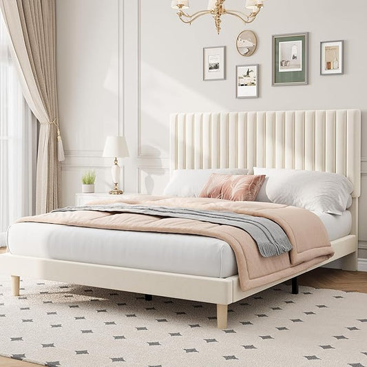 IDEALHOUSE Queen Bed Frame with Adjustable Headboard, Velvet Upholstered Platform Queen Size Bed Frame, Vertical Channel Tufted, Strong Wooden Slats, No Box Spring Needed, Easy Assembly, Beige