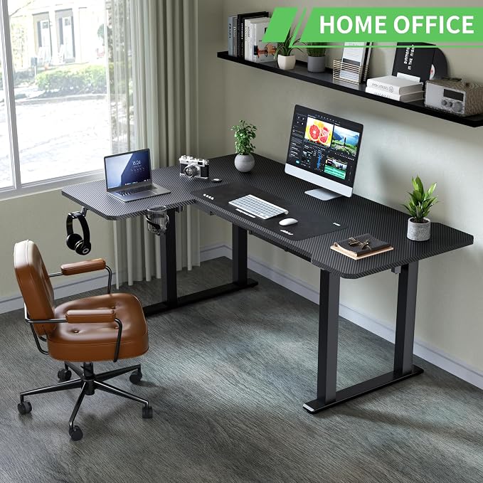X-Win 63 Inches L-Shaped Electric Standing Desk, Dual Motor Height Adjustable Stand Up Corner Desk, Sit to Stand Workstation, Carbon Fiber Top