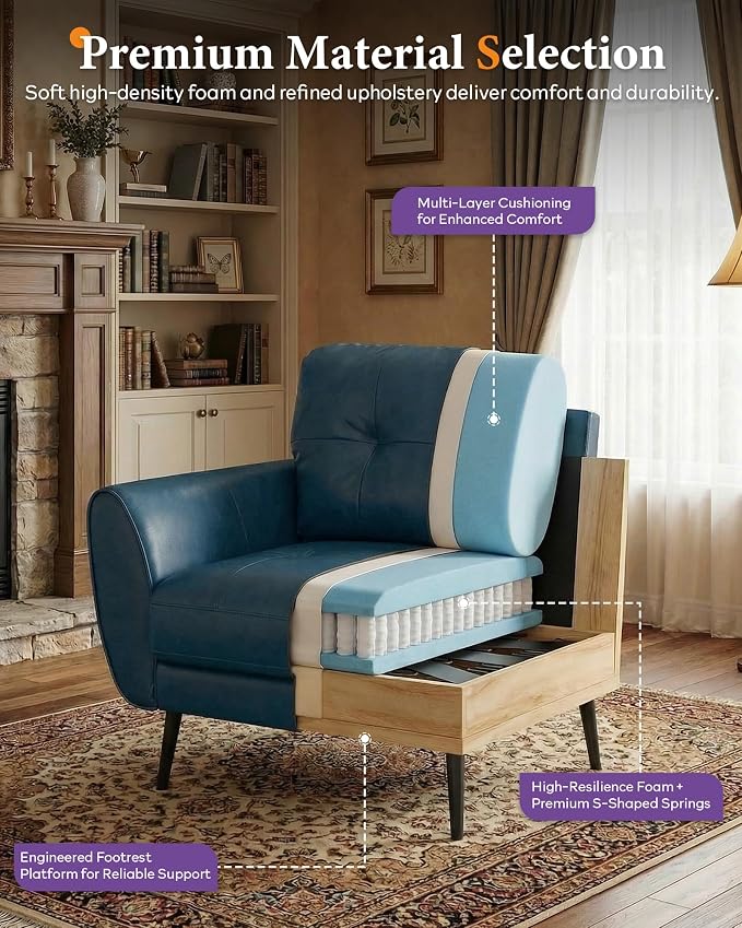 TYBOATLE Accent Chairs Set of 2, Comfy Modern Living Room Blue Faux Leather Reading Accent Chairs Tufted Mid Century Arm Chair Small Salon Chair for Office Bedroom (2, Blue)