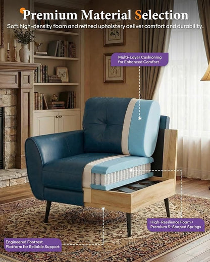 TYBOATLE Accent Chairs Set of 2, Comfy Modern Living Room Blue Faux Leather Reading Accent Chairs Tufted Mid Century Arm Chair Small Salon Chair for Office Bedroom (2, Blue)