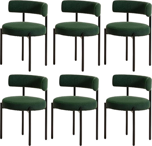 Boucle Dining Chairs Set of 6, Green Dining Chairs with Upholstered Seat and Round Back, Mid-Century Modern Kitchen Chairs for Dining Room, Restaurant
