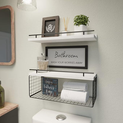 WOPITUES Floating Shelves for Wall Decor Sign, Bathroom Organizer and Storage, Bathroom Shelves Over Toilet with Metal Guardrail-Modern White