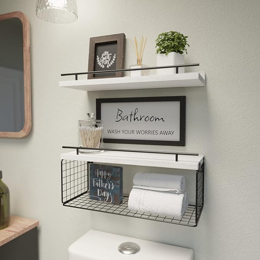 WOPITUES Floating Shelves for Wall Decor Sign, Bathroom Organizer and Storage, Bathroom Shelves Over Toilet with Metal Guardrail-Modern White