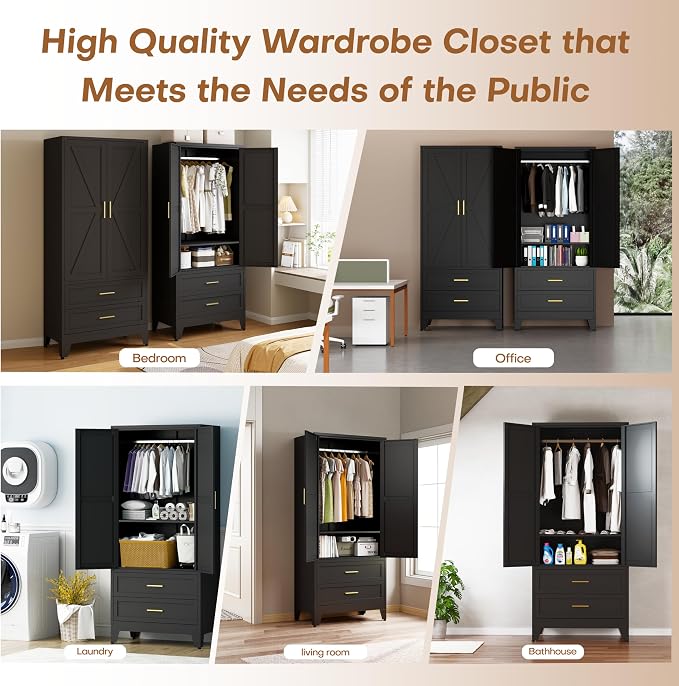 Steel Armoire Wardrobe Closet with 2 Drawers, 71" Metal Wardrobe Cabinet with Adjustable Shelves and Hanging Rod for Bedroom, Black Metal Clothing Storage Cabinets with 2 Doors