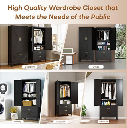 Steel Armoire Wardrobe Closet with 2 Drawers, 71" Metal Wardrobe Cabinet with Adjustable Shelves and Hanging Rod for Bedroom, Black Metal Clothing Storage Cabinets with 2 Doors