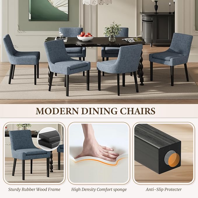 Modern Dining Room Chairs Set of 2 with Mid Back and Wood Legs, Upholstered Kitchen Chairs for Dining Room/Living Room, Blue
