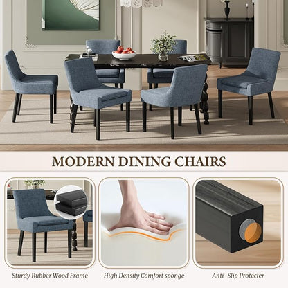 Modern Dining Room Chairs Set of 4 with Mid Back and Wood Legs, Upholstered Kitchen Chairs for Dining Room/Living Room, Blue
