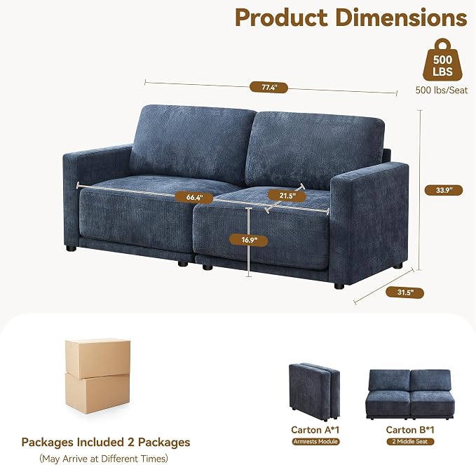 77.4" Chenille Modular Loveseat Oversized Upholstered 2 Seater Sectional Sofa with Thickened Cushions, Easy Assembly, Modern Comfy Love Seat Couch for Living Room, Blue