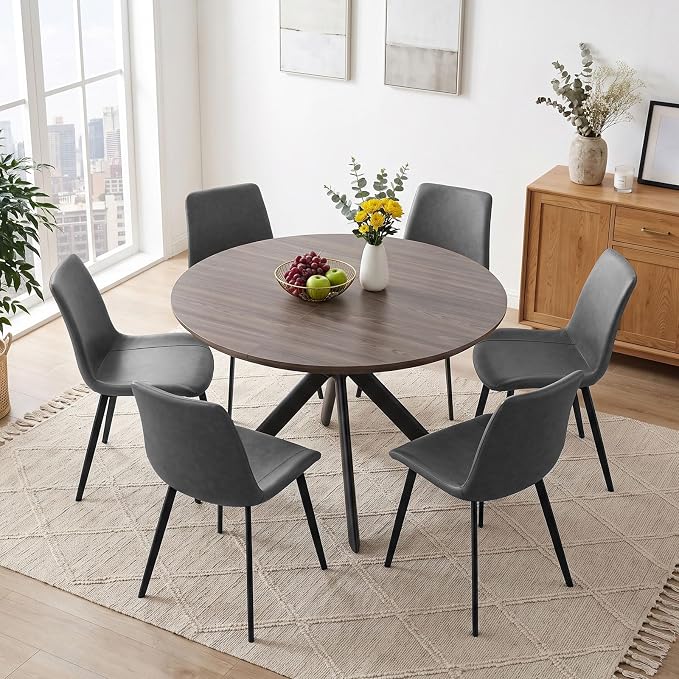 HIPIHOM 43.2" to 59.1" Extendable Round Dining Table Set for 6 Persons | Mid century modern oak, MDF board, scratch resistant & easy clean, space saving, fits 4-6 person