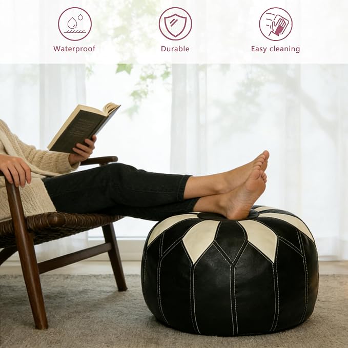 Thgonwid Unstuffed Moroccan Faux Leather Pouf Ottoman Cover with Storage - Boho Chic Multi-Use Footrest for Living Room, Bedroom, Patio - Round Ethnic Floor Cushion & Decorative Accent, Black&White