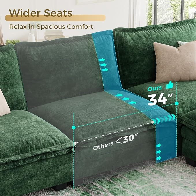 KKL 89 Inch Modular Sectional Sofa, 2 Sets of Loveseat Cloud Couches with Deep Seat, Chenille Sectional Couches for Living Room, Apartment, Green