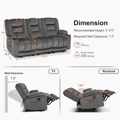 MCombo Zero Gravity Power Reclining Sofa with Heat and Vibration Massage, 3 Seater Reclining Couch with USB Ports, Cup Holders for Living Room, Fabric PR648SET (Grey)