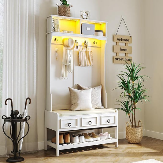 Gurexl 67” Farmhouse Hall Tree with Shoe Storage, Auto Sensor Wood Coat Tree with LED Lights, 3-in-1 Entryway Bench with Coat Rack, Hooks and Drawers for Hallway, Living Room, Bedroom (White)