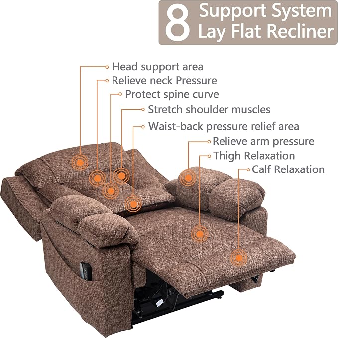 FUNECORP Big Man Power Lay Flat Lift Chair Oversized Recliner Dual Motor Heat Vibration for Elderly, Overstuffed Electric Extra Wide Recliners with Flip Arm Storage Cup Holders,USB Type C Charging