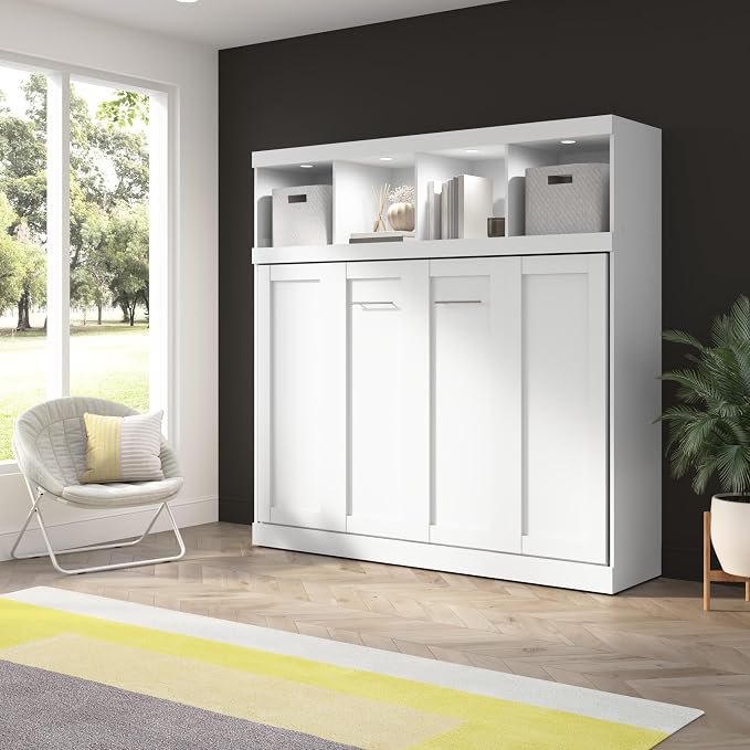 Bestar Full Size Horizontal Murphy Bed with Storage and Charging Station, 80-inch, for Bedroom or Guestroom, Pur Collection, Modern, White