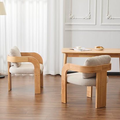 Christopher Knight Home Yorick Modern Dining Chair Set of 2 with Cushion, Solid Wood Dining Room Armchair Set, Curved Backrest Kitchen Side Chair, Living Room Comfy Extra Seat, Natural+Beige