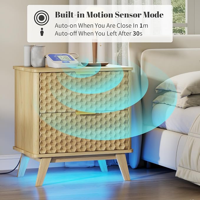 LVSOMT Smart Nightstand with Charging Station and LED Lights, 23.62" Wide Night Stand with 2 Drawers, Motion Sensor Motion-Activated Underlight, Honeycomb Bedside Table for Bedroom, Natural Oak