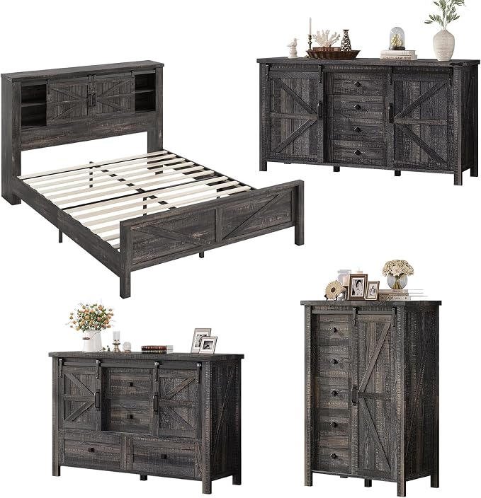 AMERLIFE 4-Piece Farmhouse Bedroom Set in Black Oak, Queen Size Bed Frame with Bookcase Headboard, 5-Drawer Tall Dresser, 47'' Dresser with 4 Drawers, 60" Dresser with 4 Drawers
