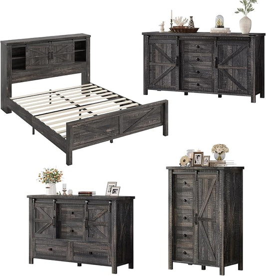 AMERLIFE 4-Piece Farmhouse Bedroom Set in Black Oak, Queen Size Bed Frame with Bookcase Headboard, 5-Drawer Tall Dresser, 47'' Dresser with 4 Drawers, 60" Dresser with 4 Drawers