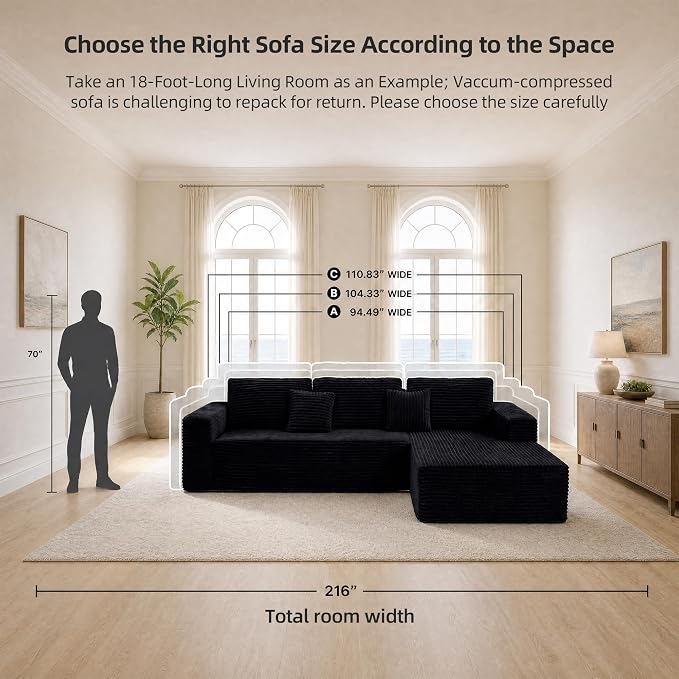 Claiks 104" Boneless Couch, Cloud Couch Sectional, L-Shape Corduroy Modular Sectional Sofa Deep Seat, Upholstered Couches for Living Room, No Assembly Required, Black, Right Facing Chaise