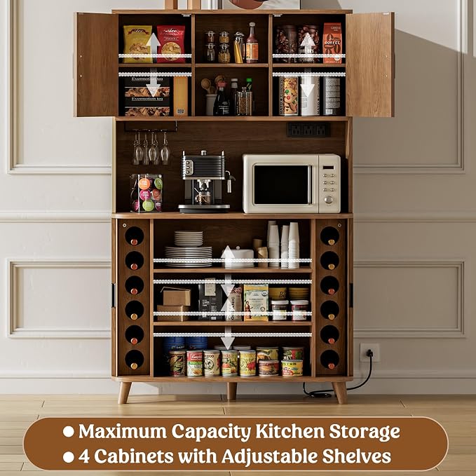 Lulive 71" Tall Pantry Cabinet with Rolling & Sliding Doors, 39" Wide Kitchen Storage Cabinet with Charging Station and Open Countertop, Modern Kitchen Pantry Cabinet for Dining Room, Walnut