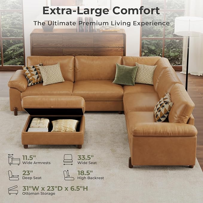 SITJOY Large Cloud Couch, 106" Wide 5 Seater V Shape, Faux Leather in Brown | Pet-Friendly Scratch-Resistant Leather Sectional Sofas for Living Room, Deep Seat Wide Couch with Chaise, Storage Ottoman