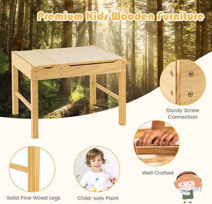 HONEY JOY Kids Table, 2 in 1 Toddler Wooden Activity Table with Paper Roll, Convertible Building Block Tabletop, 3 Storage Compartments, Children Furniture Set for Daycare, Playroom, Natural